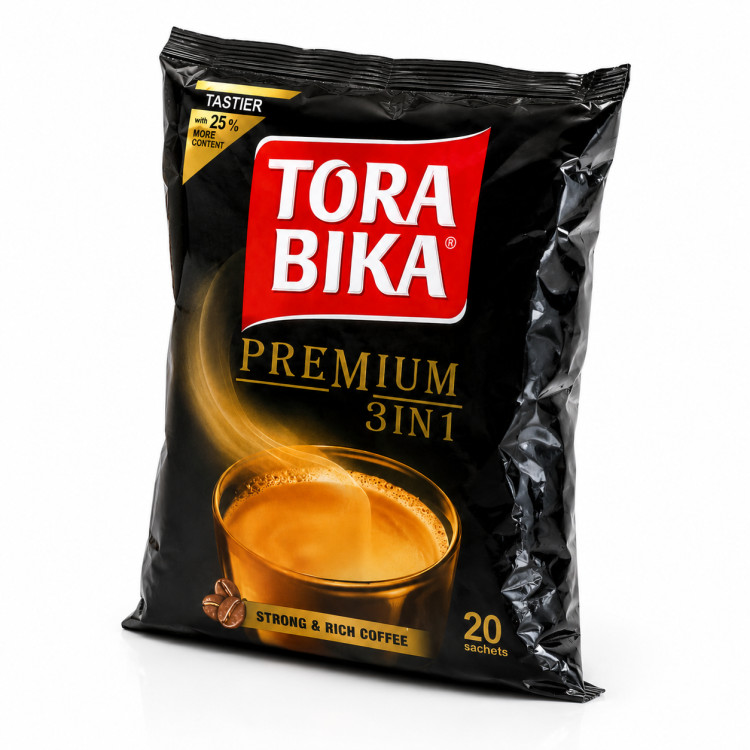 Torabika Premium 3 in 1 coffee pack at 45-degree angle