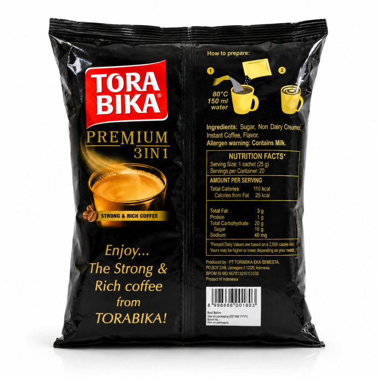 Back of Torabika Premium 3 in 1 coffee package